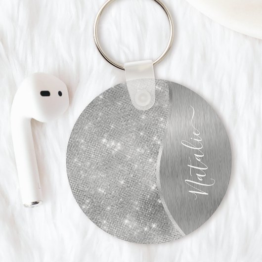 Silver Glitter Glam Bling Personalized Metallic Sleutelhanger