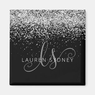Silver Glitter Glam Monogram Naam Magneet