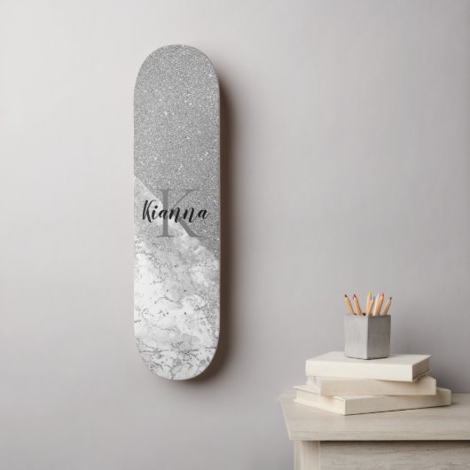 Silver Glitter Glam Silver Marble Monogram Skateboard (Muurkunst)