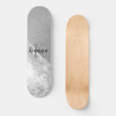 Silver Glitter Glam Silver Marble Monogram Skateboard (Voorkant)