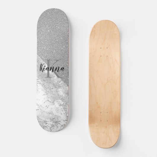 Silver Glitter Glam Silver Marble Monogram Skateboard (Voorkant)