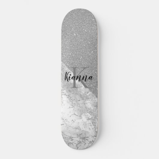 Silver Glitter Glam Silver Marble Monogram Skateboard (Voorkant)