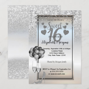 Silver Glitter, Glass, Ballons Sweet 16 Party Kaart