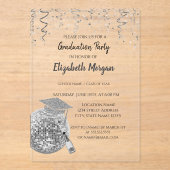 Silver Glitter Graduation Cap, Disco Ball Confetti Acryl Uitnodigingen (Voorkant)