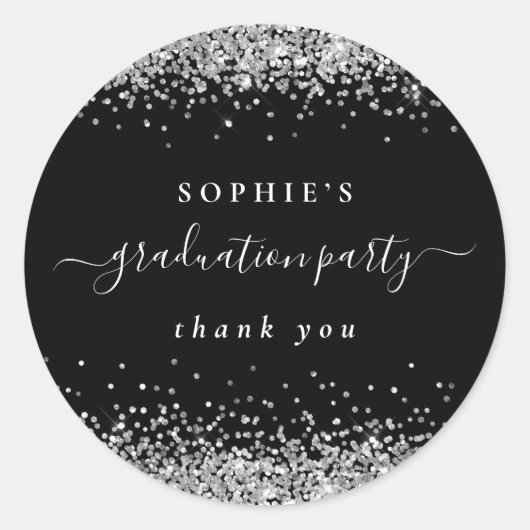 Silver Glitter Graduter Party Black Hartelijk dank Ronde Sticker (Voorkant)