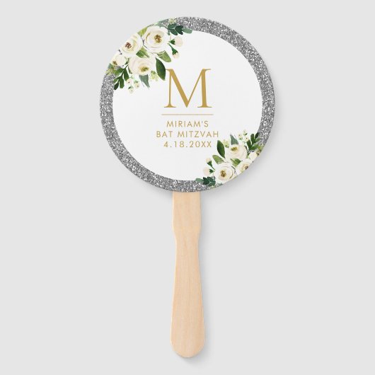 Silver Glitter Gray Floral Monogram Handwaaier (Voorkant)