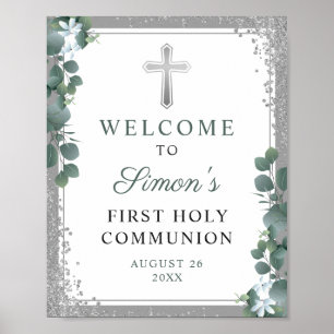 Silver Glitter Greenery First Community Welcome Poster