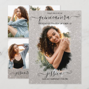 Silver Glitter Halo Photo Collage Quinceañera Kaart