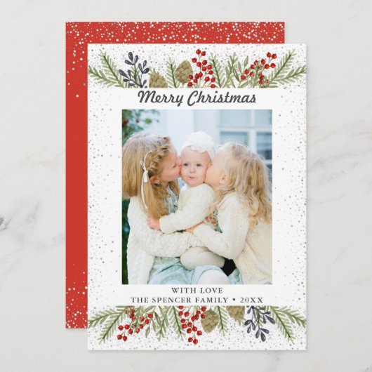 Silver Glitter Holly Berries kerstfoto Feestdagenkaart (Voorkant / Achterkant)