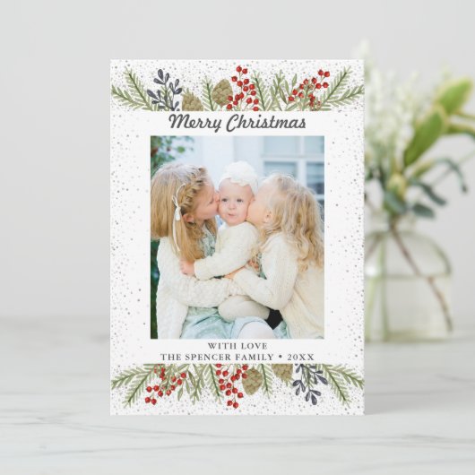 Silver Glitter Holly Berries kerstfoto Feestdagenkaart (Staand voorkant)