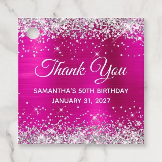 Silver Glitter Hot Pink 50th Birthday Dank u Bedankjes Labels (Voorkant)