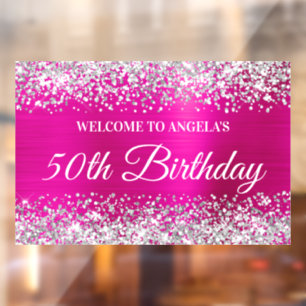 Silver Glitter Hot Pink 50th Birthday Welkom Raamsticker
