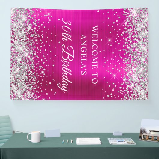 Silver Glitter Hot Pink Folie 30e Verjaardag V Spandoek (Beurs)