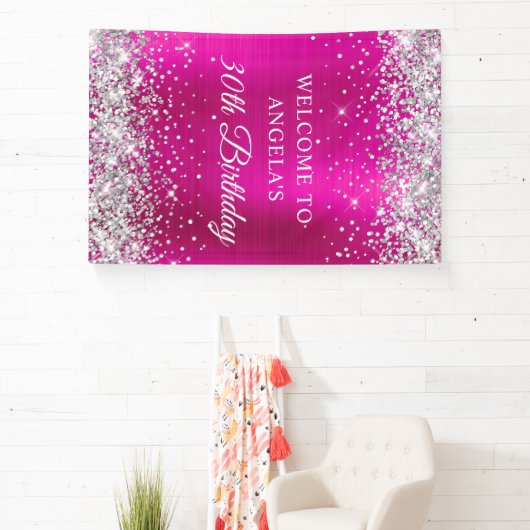 Silver Glitter Hot Pink Folie 30e Verjaardag V Spandoek (Insitu)