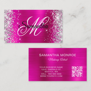 Silver Glitter Hot Pink Folie en QR Code Monogram Visitekaartje