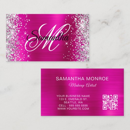 Silver Glitter Hot Pink Folie en QR Code Monogram Visitekaartje (Voorkant / Achterkant)