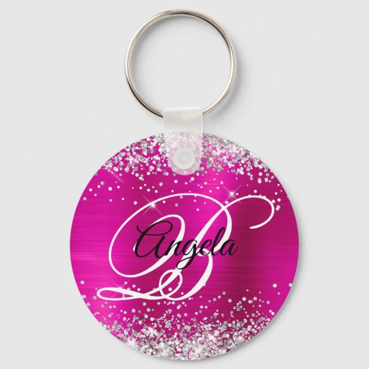 Silver Glitter Hot Pink Folie Fancy Monogram Sleutelhanger (Voorkant)
