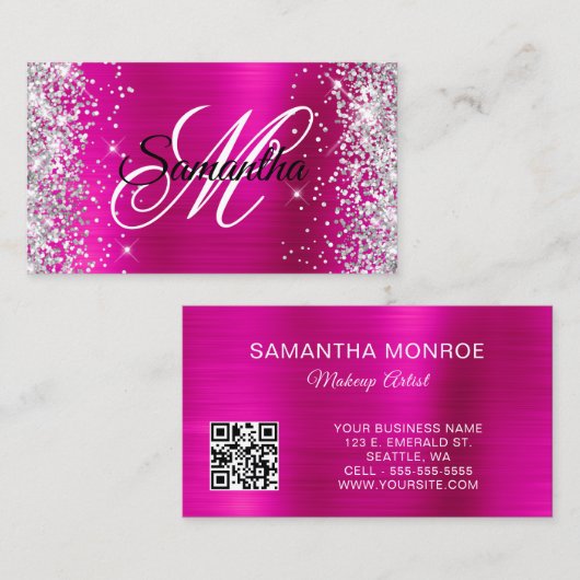 Silver Glitter Hot Pink Folie Monogram QR-code Visitekaartje (Voorkant / Achterkant)