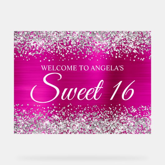Silver Glitter Hot Pink Folie Sweet 16 Acryl Bord (Voorkant)