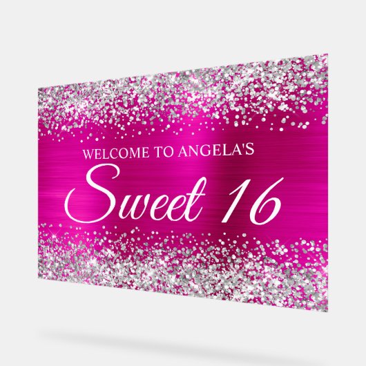 Silver Glitter Hot Pink Folie Sweet 16 Acryl Bord (Hoek)