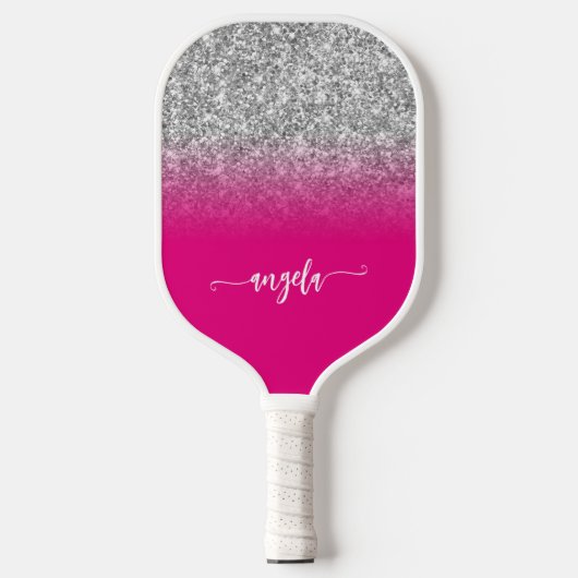 Silver Glitter Hot Pink Ombre Naam Pickleball Paddle (Voorkant)