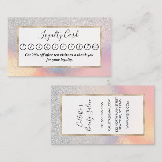Silver Glitter Iridescent Holographic Gradient Klantenkaartje (Voorkant / Achterkant)