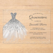 Silver Glitter Jurk Script Quinceañera Party Acryl Uitnodigingen (Voorkant)