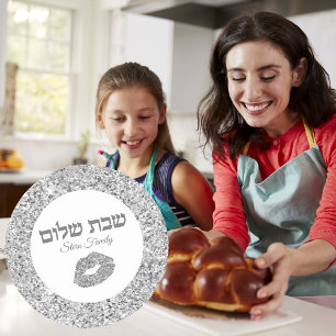 Silver Glitter Kiss Jewish Hebrew Shabbat Shalom Ronde Sticker