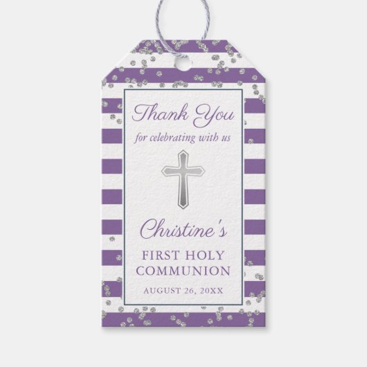 Silver Glitter Lavender Paarse Eerste Communie Cadeaulabel (Voorkant)