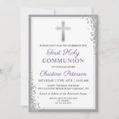 Silver Glitter Lavender Paarse Eerste Communie Kaart (Voorkant)