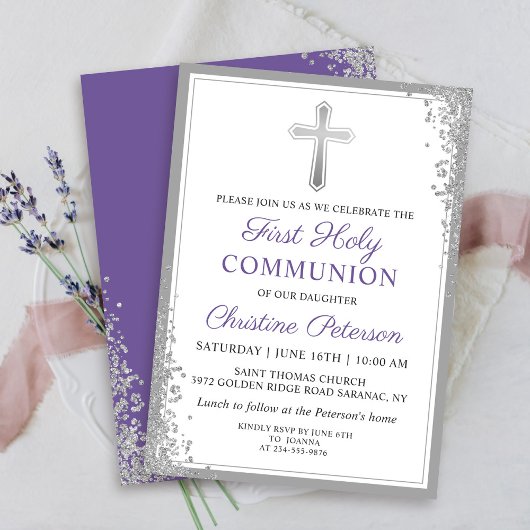 Silver Glitter Lavender Paarse Eerste Communie Kaart