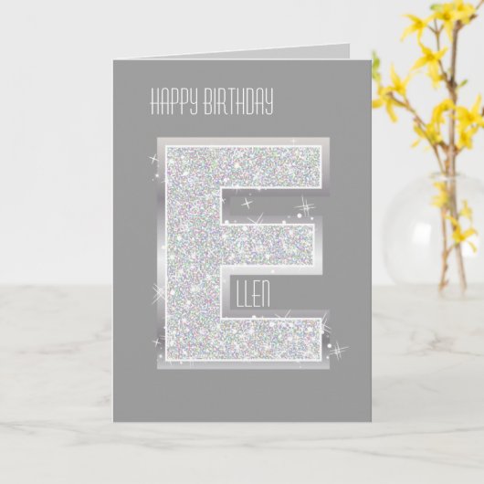 Silver Glitter Letter E Kaart (Gele Bloem)