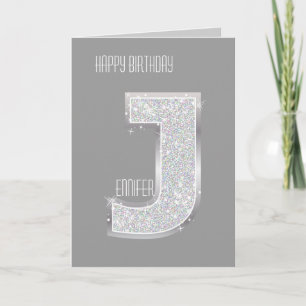 Silver Glitter Letter J Kaart