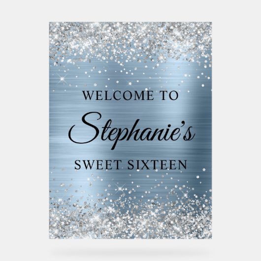Silver Glitter Lichtblauwe Folie Sweet Sixteen Acryl Bord (Voorkant)