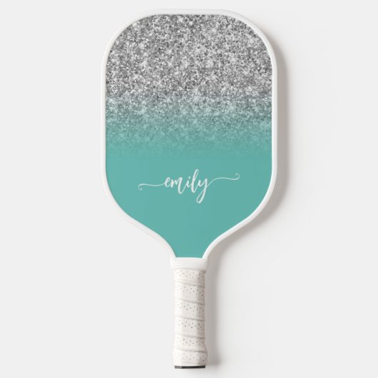 Silver Glitter Light Blauwgroen Ombre Modern Scrip Pickleball Paddle (Voorkant)