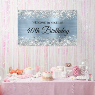 Silver Glitter Light Blue Folie Birthday Welcome Spandoek