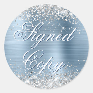 Silver Glitter Light Blue Folie Fancy gesigneerd e Ronde Sticker