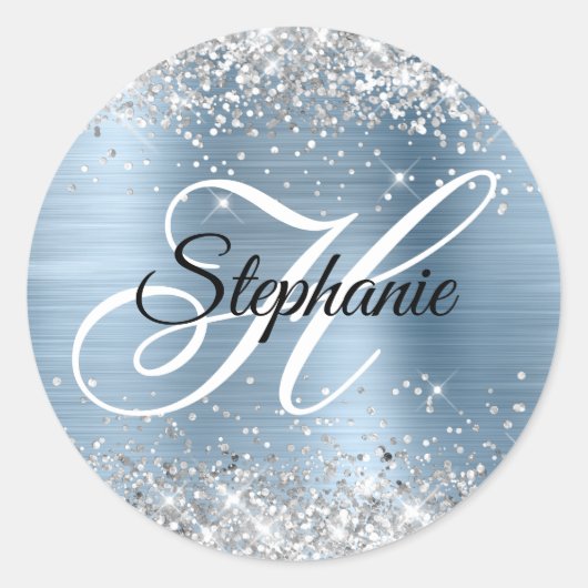 Silver Glitter Light Blue Folie Fancy Monogram Ronde Sticker (Voorkant)