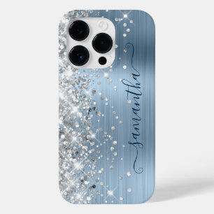 Silver Glitter Light Blue Glam Girly Signature Case-Mate iPhone 14 Pro Hoesje