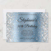 Silver Glitter Light Blue Monogram 50th Birthday Kaart (Voorkant)