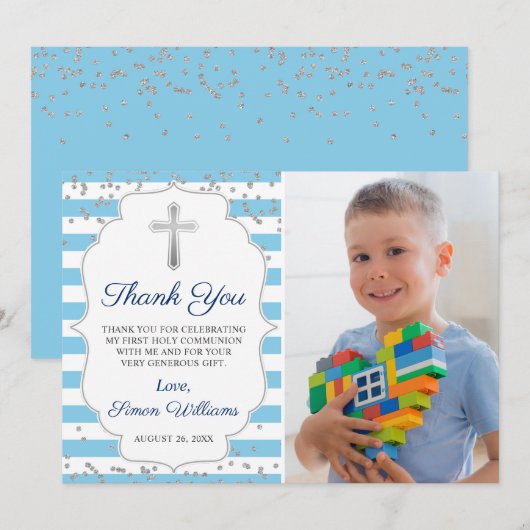 Silver Glitter Light Blue Photo First Communtion Bedankkaart (Voorkant / Achterkant)