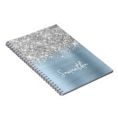 Silver Glitter Light Dusty Blue Glam Script naam Notitieboek (Rechterzijde)