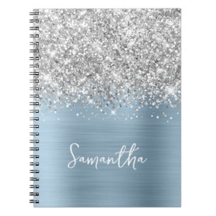 Silver Glitter Light Dusty Blue Glam Script naam Notitieboek