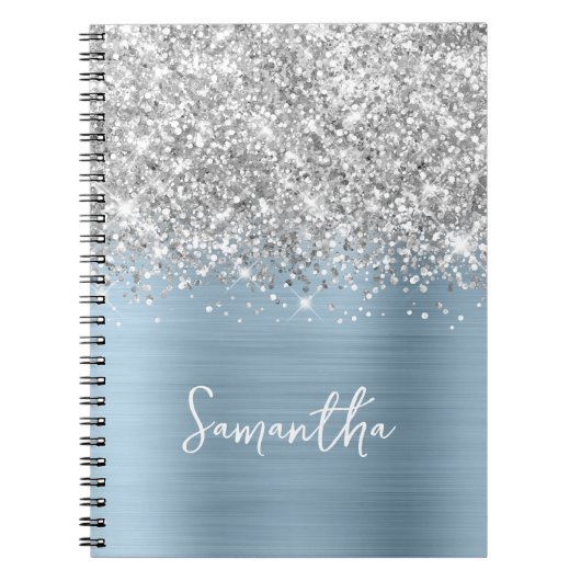 Silver Glitter Light Dusty Blue Glam Script naam Notitieboek (Voorkant)