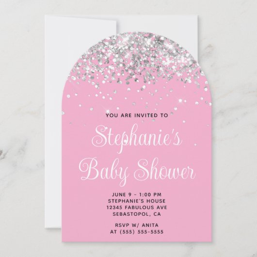 Silver Glitter Light Pink Baby shower Kaart (Voorkant)