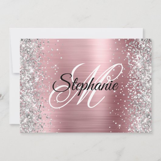 Silver Glitter Light Pink Monogram 40th Birthday Kaart (Achterkant)