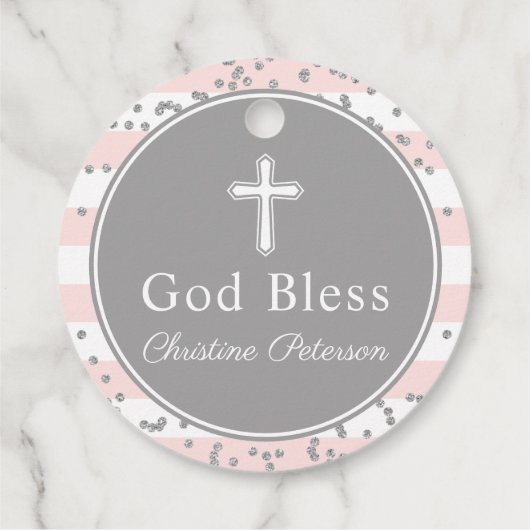 Silver Glitter Light Roze Stripes First Commune Bedankjes Labels (Achterkant)