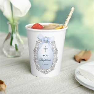 Silver Glitter Lijst Blue Bow doop Papieren Bekers