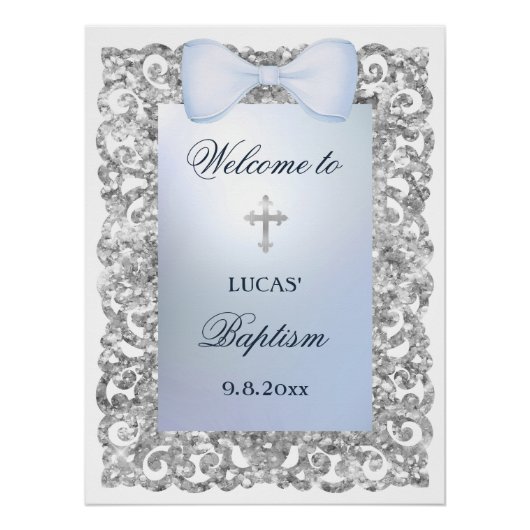 Silver Glitter Lijst Blue Bow doop welkom Perfect Poster (Voorkant)