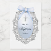 Silver Glitter Lijst Blue Bow doop Wijn Etiket (Enkel label)